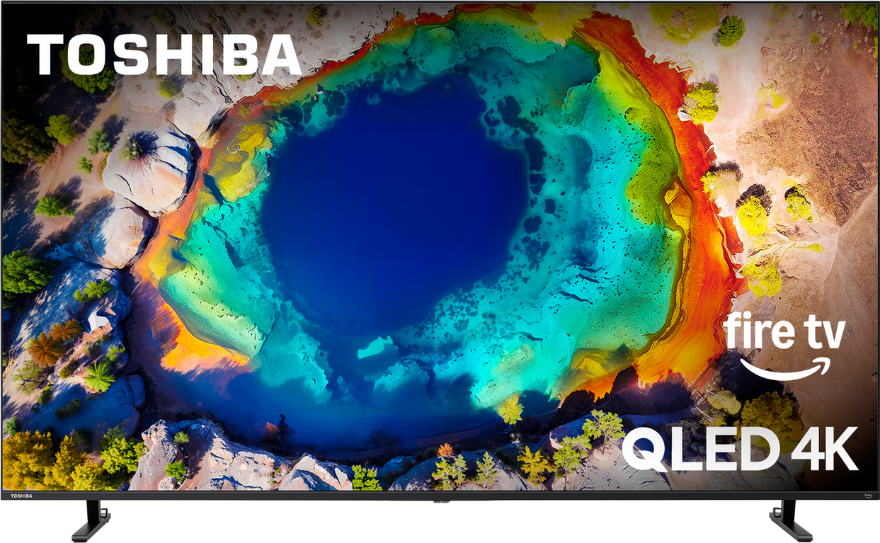 Televisore Toshiba QLED 4K Fire TV da 75 pollici, con un’immagine colorata visualizzata sullo schermo.